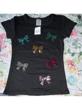 Girls Black Tee with Multicolor Sequin Bows Size6X L